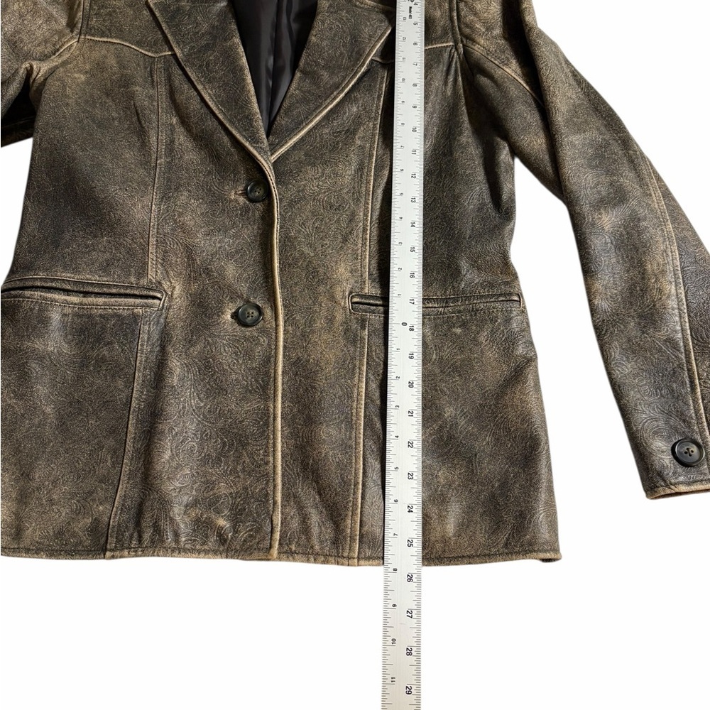 QUE Faux Leather Blazer Jacket – Vintage Distressed Bronze Paisley - Medium - Picture 5 of 11